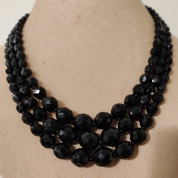 Vintage Jewelry - Vintage 60s Jet Black Crystal Graduated Triple Stand Necklace